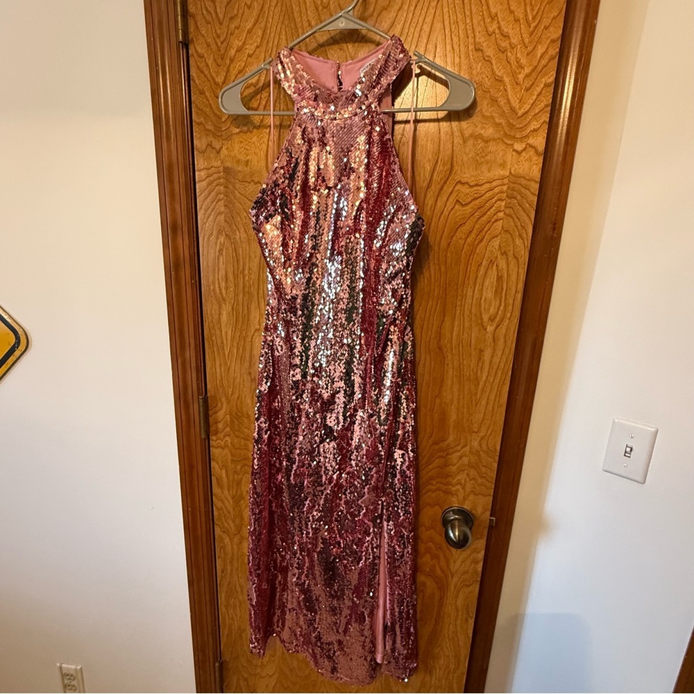 Fashion Nova Sequin Halter Dress in Pink